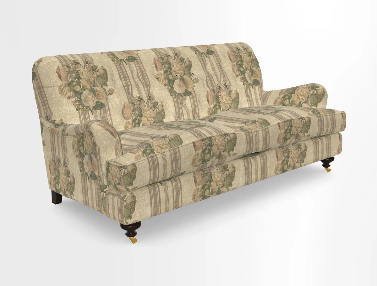 Chiddingfold 3 Seater Sofa in Omega Velvet Tawny Velvet and V&A Threads of India Regal Arabesque Flame with scatters in Sulawesi Splendour Jasper