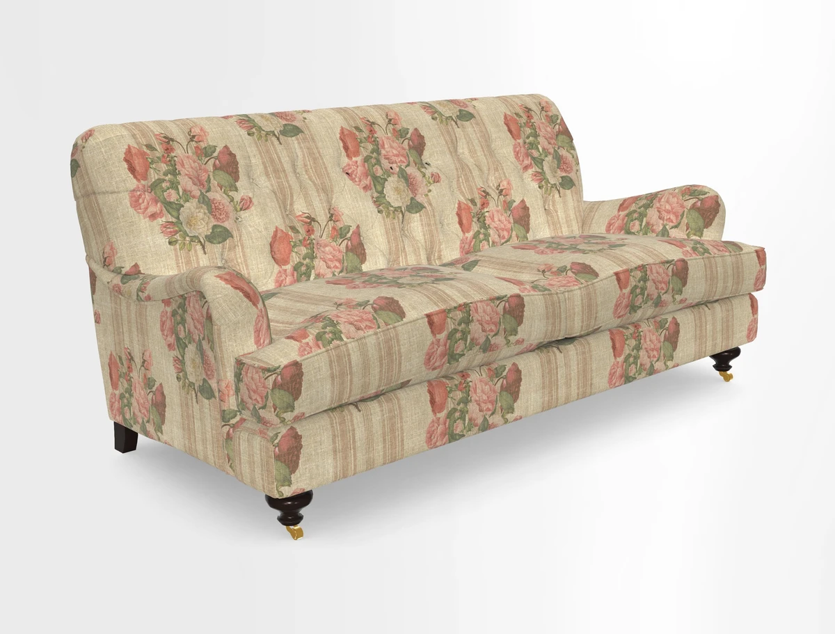 Chiddingfold 3 Seater Sofa in Omega Velvet Tawny Velvet and V&A Threads of India Regal Arabesque Flame with scatters in Sulawesi Splendour Jasper