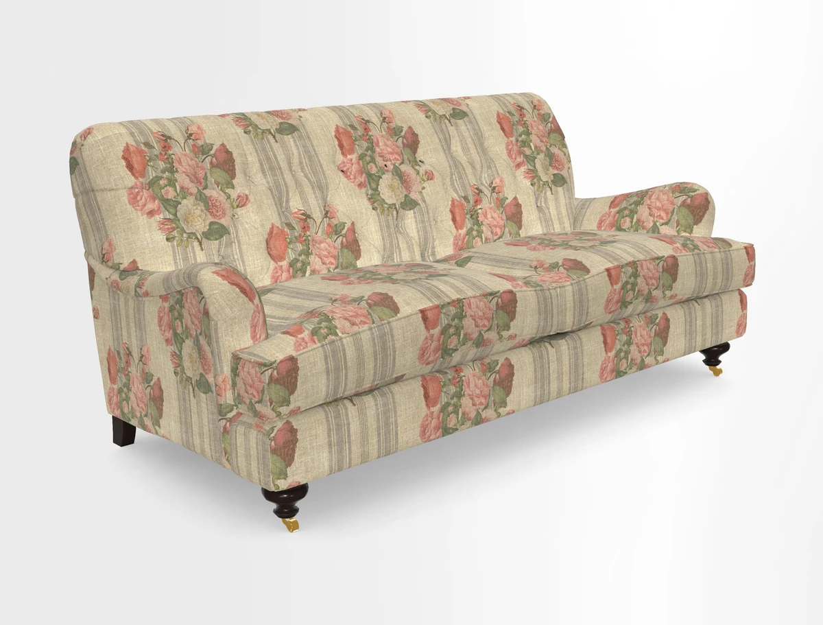 Chiddingfold 3 Seater Sofa in Omega Velvet Tawny Velvet and V&A Threads of India Regal Arabesque Flame with scatters in Sulawesi Splendour Jasper