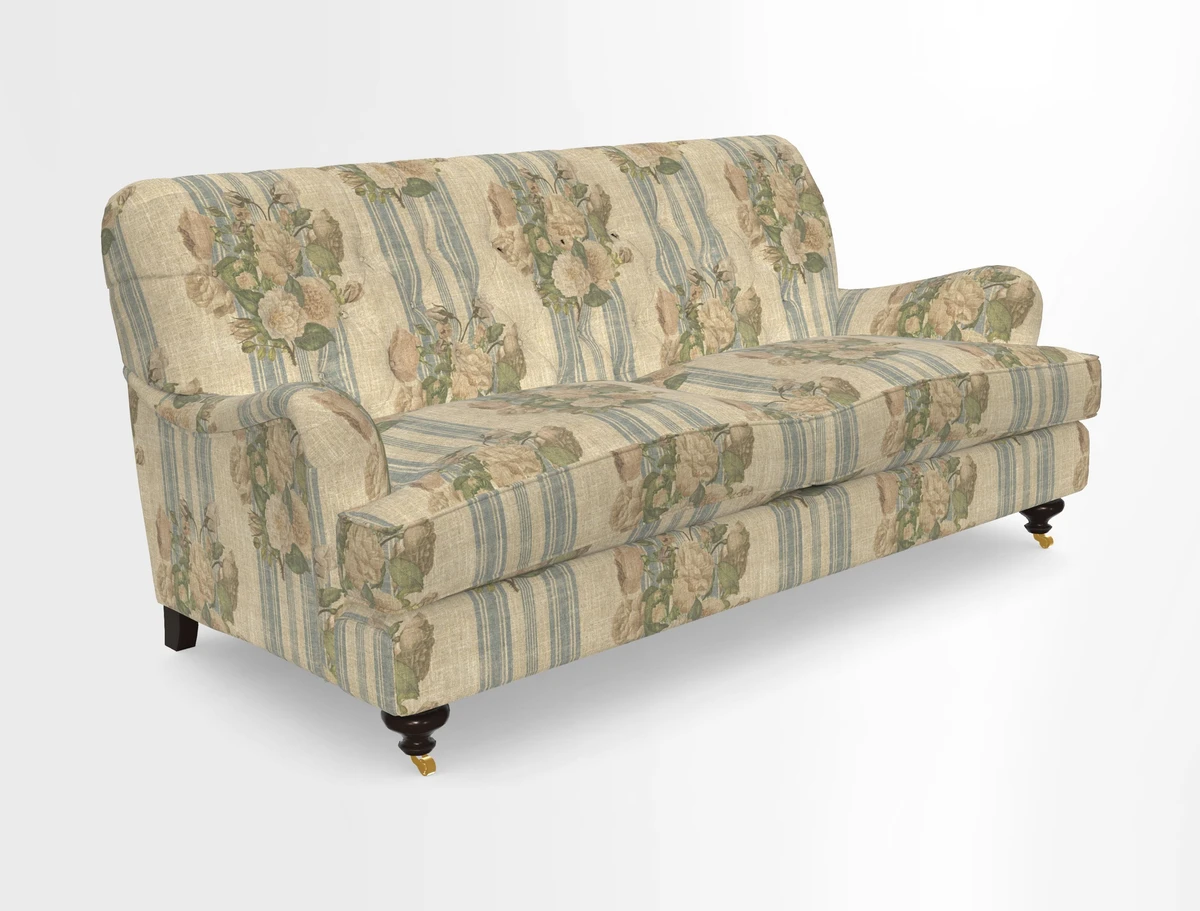 Chiddingfold 3 Seater Sofa in Omega Velvet Tawny Velvet and V&A Threads of India Regal Arabesque Flame with scatters in Sulawesi Splendour Jasper