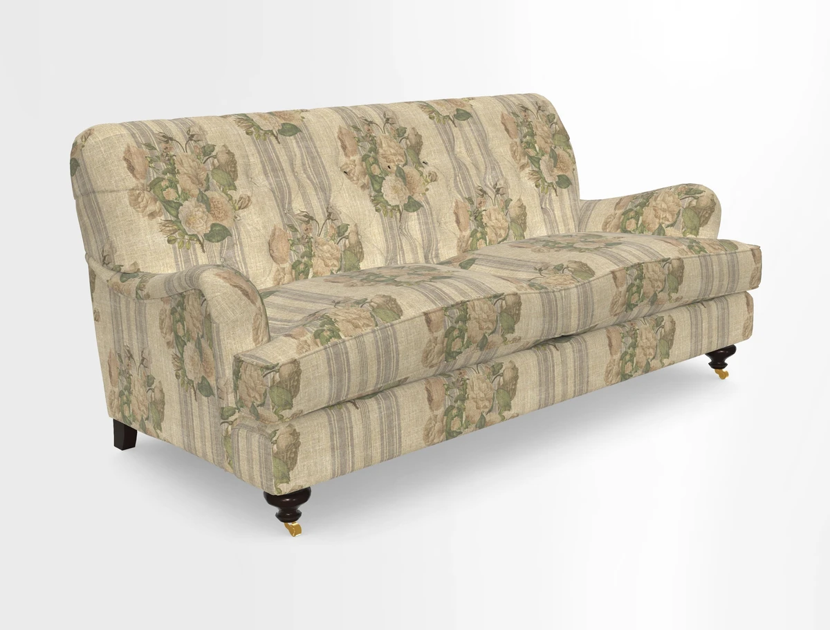 Chiddingfold 3 Seater Sofa in Omega Velvet Tawny Velvet and V&A Threads of India Regal Arabesque Flame with scatters in Sulawesi Splendour Jasper