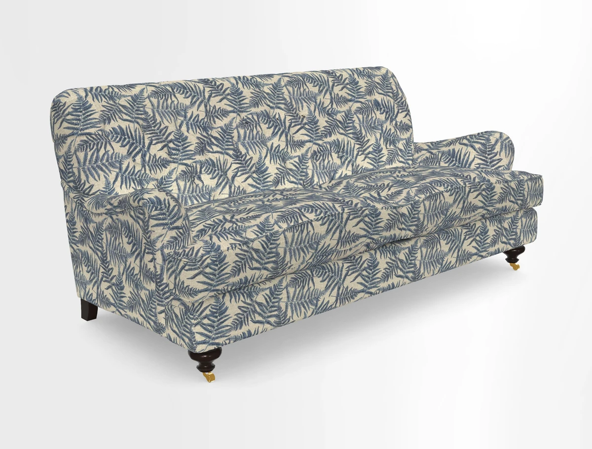Chiddingfold 3 Seater Sofa in Omega Velvet Tawny Velvet and V&A Threads of India Regal Arabesque Flame with scatters in Sulawesi Splendour Jasper