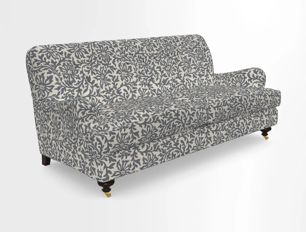 Chiddingfold 3 Seater Sofa in Omega Velvet Tawny Velvet and V&A Threads of India Regal Arabesque Flame with scatters in Sulawesi Splendour Jasper
