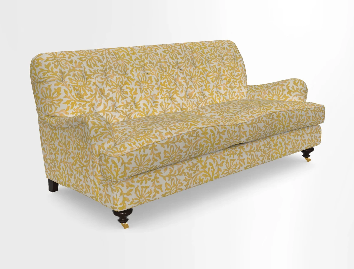 Chiddingfold 3 Seater Sofa in Omega Velvet Tawny Velvet and V&A Threads of India Regal Arabesque Flame with scatters in Sulawesi Splendour Jasper