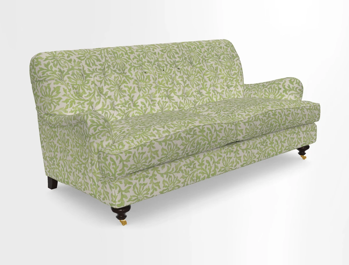 Chiddingfold 3 Seater Sofa in Omega Velvet Tawny Velvet and V&A Threads of India Regal Arabesque Flame with scatters in Sulawesi Splendour Jasper