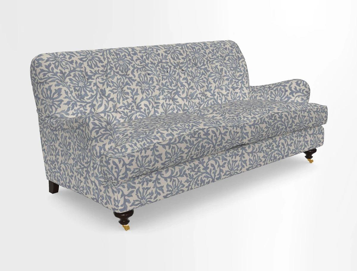 Chiddingfold 3 Seater Sofa in Omega Velvet Tawny Velvet and V&A Threads of India Regal Arabesque Flame with scatters in Sulawesi Splendour Jasper
