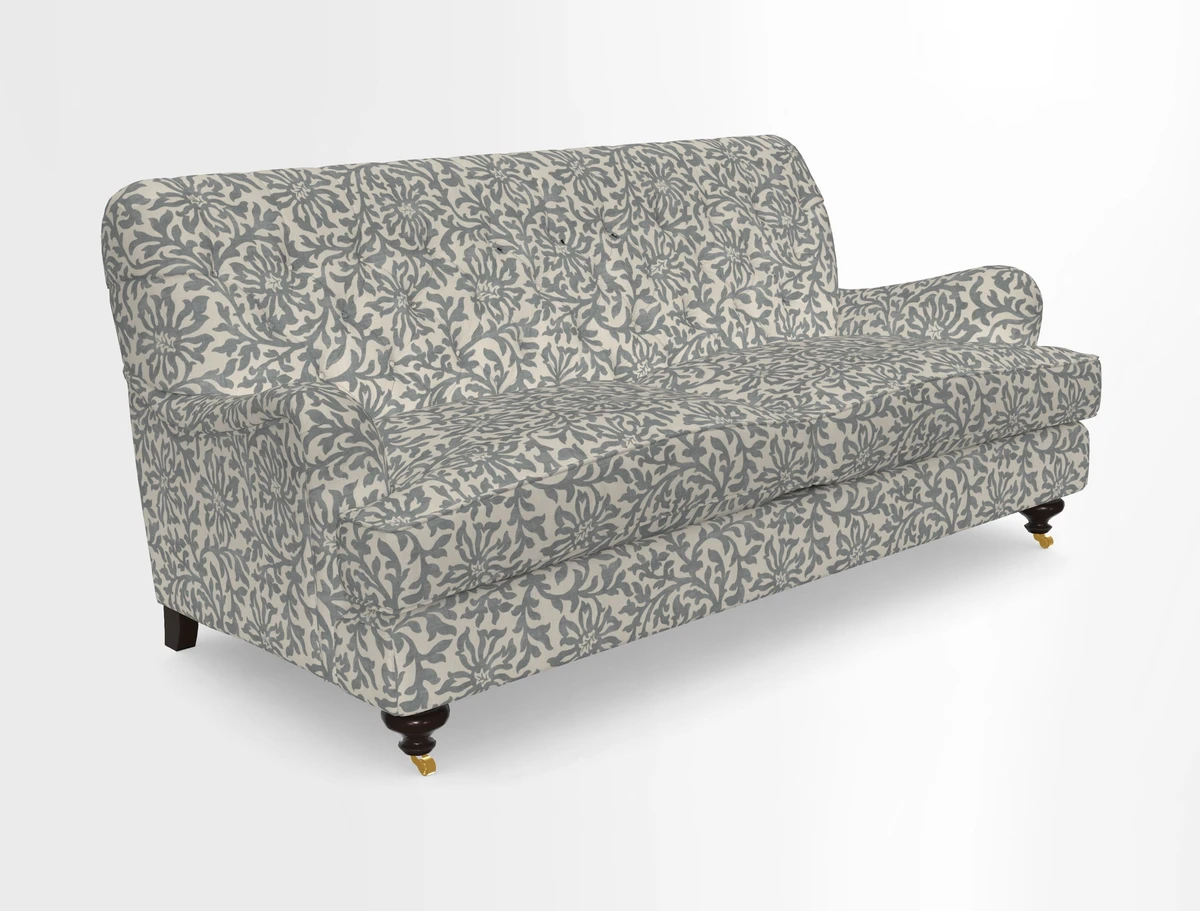 Chiddingfold 3 Seater Sofa in Omega Velvet Tawny Velvet and V&A Threads of India Regal Arabesque Flame with scatters in Sulawesi Splendour Jasper