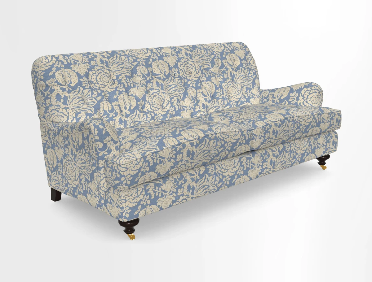 Chiddingfold 3 Seater Sofa in Omega Velvet Tawny Velvet and V&A Threads of India Regal Arabesque Flame with scatters in Sulawesi Splendour Jasper