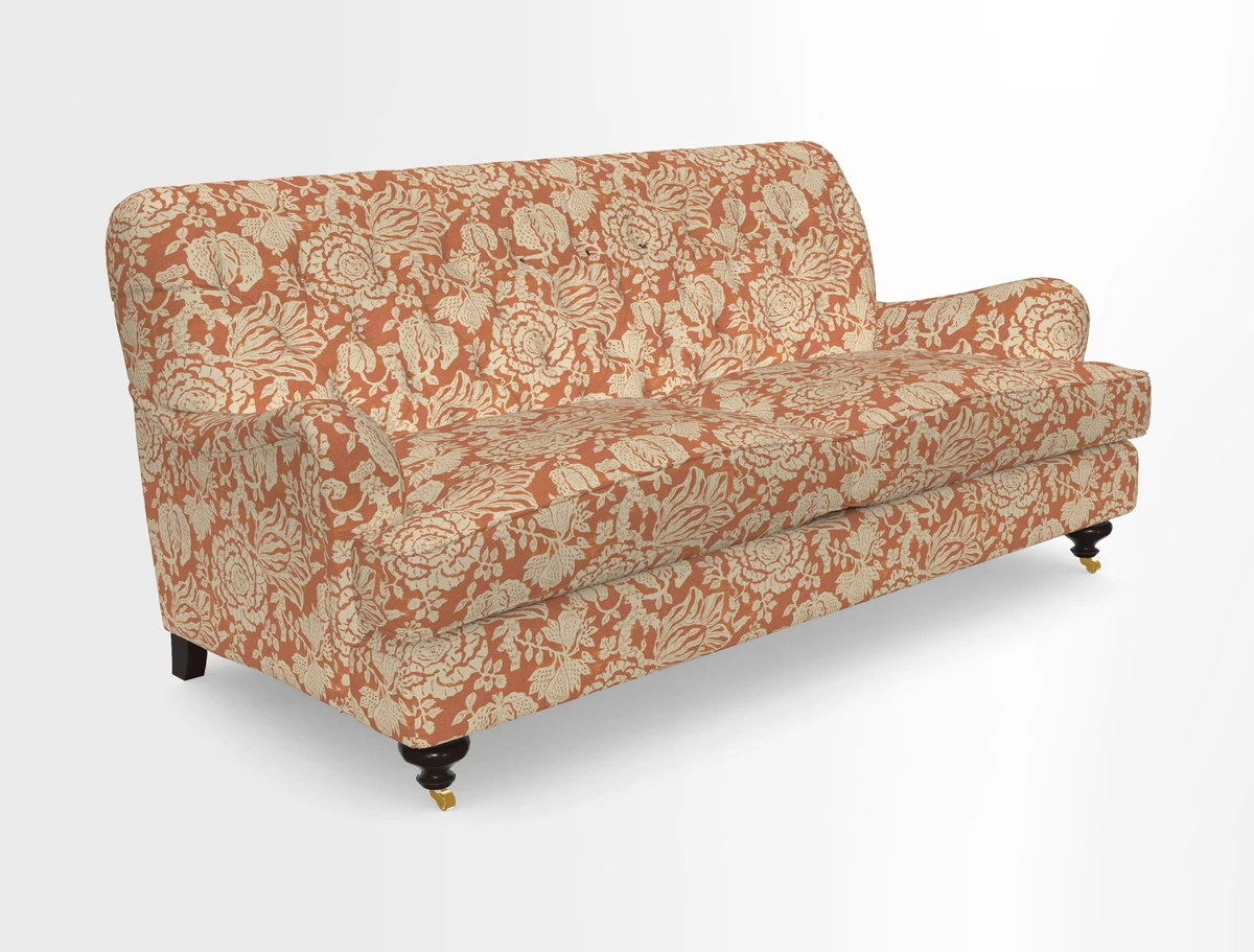 Chiddingfold 3 Seater Sofa in Omega Velvet Tawny Velvet and V&A Threads of India Regal Arabesque Flame with scatters in Sulawesi Splendour Jasper