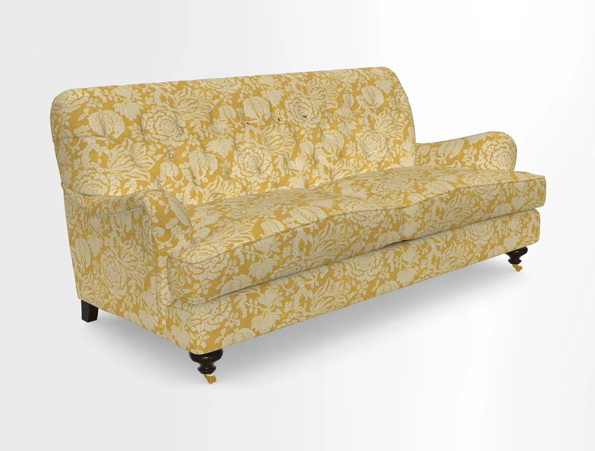 Chiddingfold 3 Seater Sofa in Omega Velvet Tawny Velvet and V&A Threads of India Regal Arabesque Flame with scatters in Sulawesi Splendour Jasper