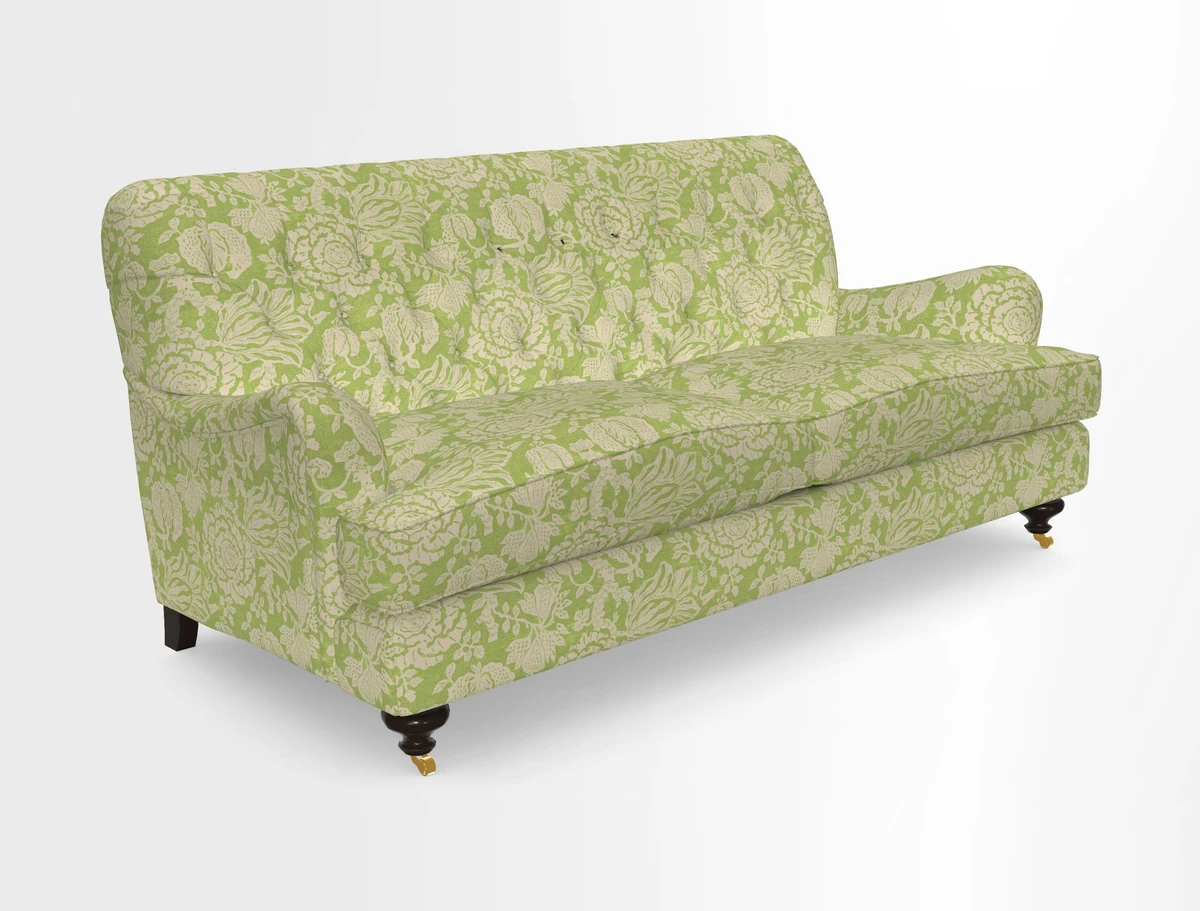 Chiddingfold 3 Seater Sofa in Omega Velvet Tawny Velvet and V&A Threads of India Regal Arabesque Flame with scatters in Sulawesi Splendour Jasper