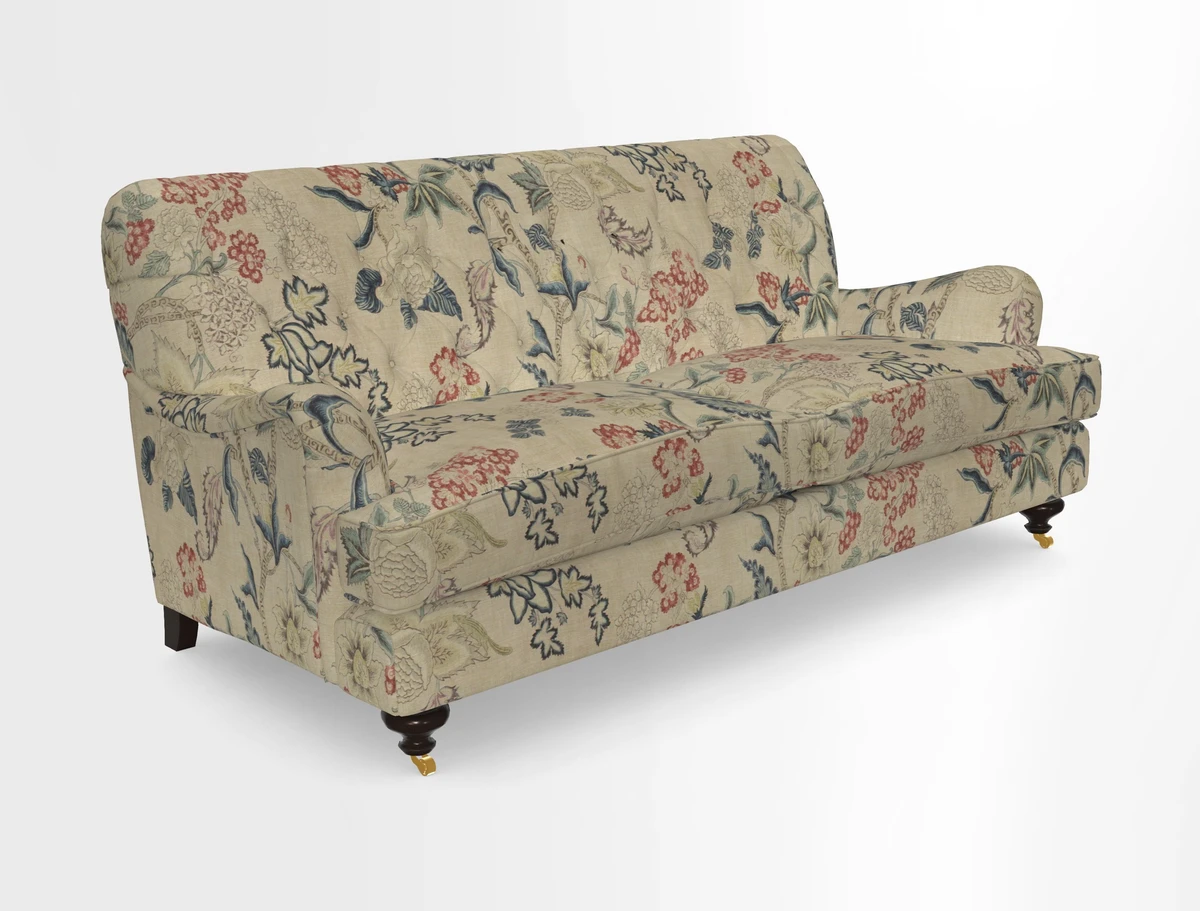 Chiddingfold 3 Seater Sofa in Omega Velvet Tawny Velvet and V&A Threads of India Regal Arabesque Flame with scatters in Sulawesi Splendour Jasper