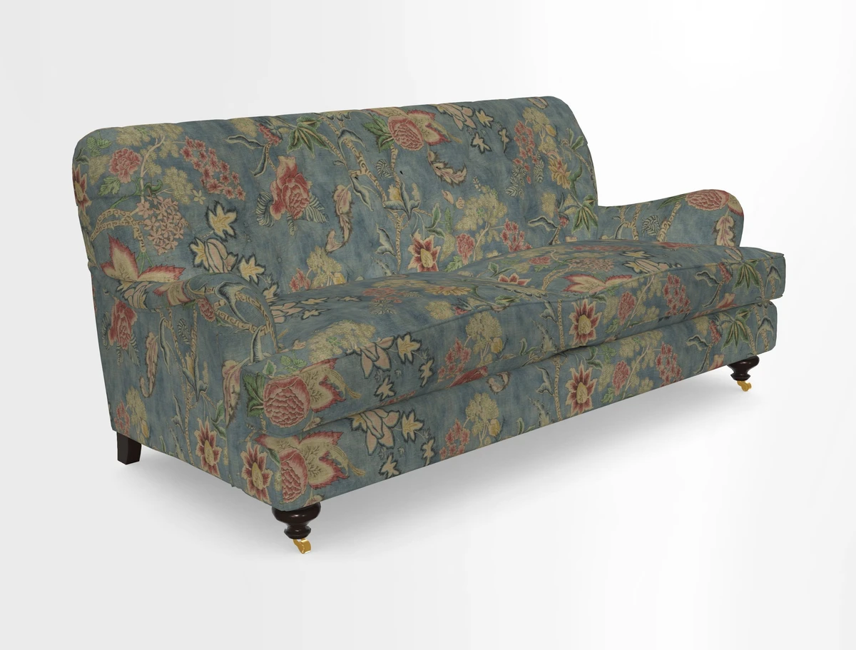 Chiddingfold 3 Seater Sofa in Omega Velvet Tawny Velvet and V&A Threads of India Regal Arabesque Flame with scatters in Sulawesi Splendour Jasper