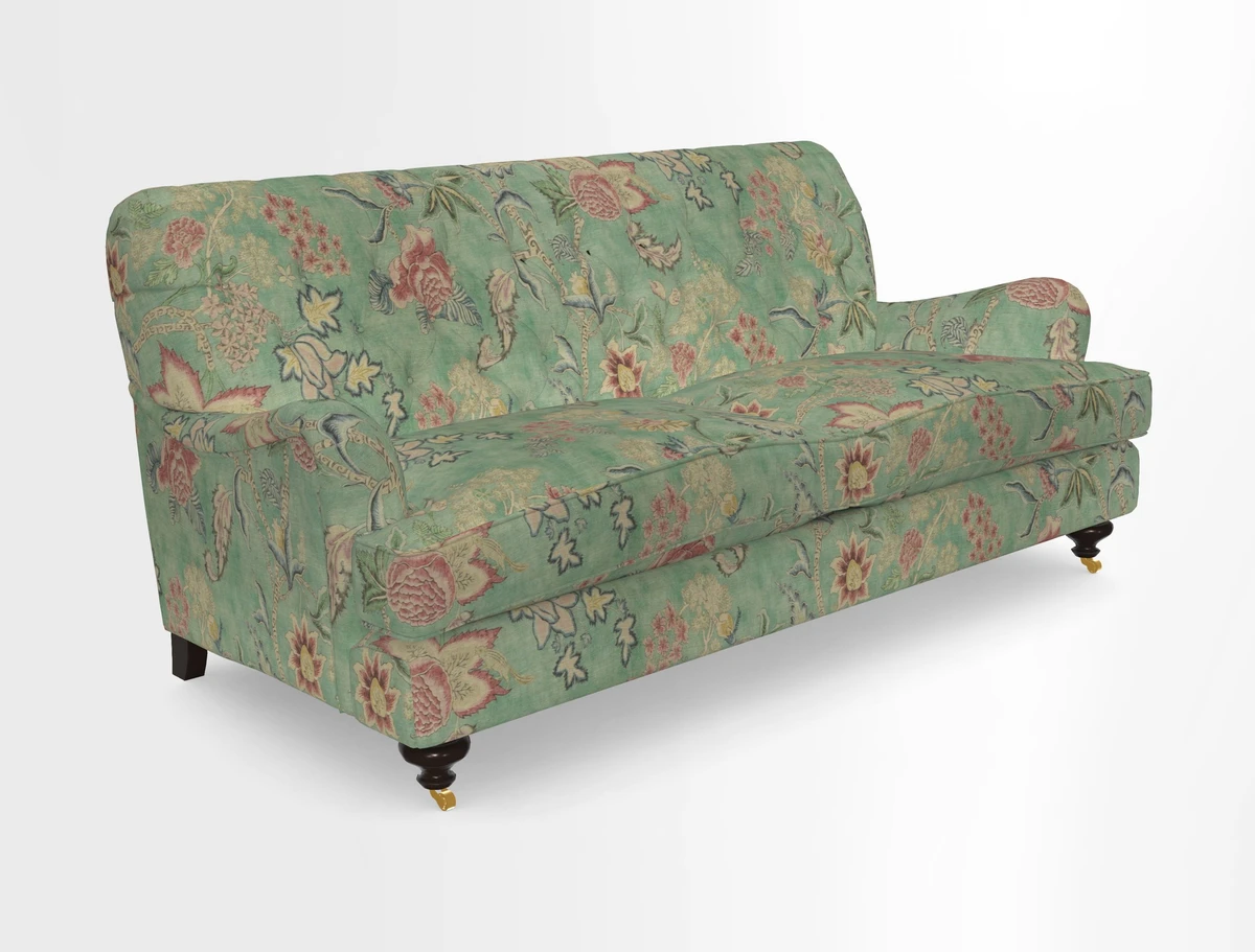 Chiddingfold 3 Seater Sofa in Omega Velvet Tawny Velvet and V&A Threads of India Regal Arabesque Flame with scatters in Sulawesi Splendour Jasper
