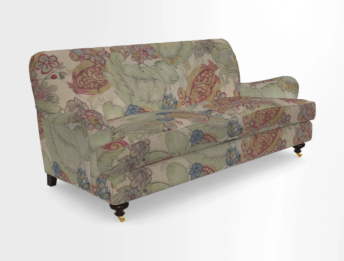 Chiddingfold 3 Seater Sofa in Omega Velvet Tawny Velvet and V&A Threads of India Regal Arabesque Flame with scatters in Sulawesi Splendour Jasper