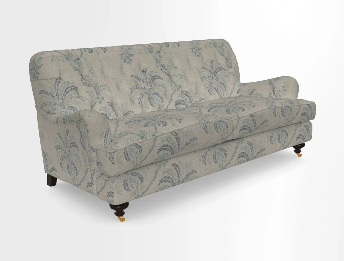 Chiddingfold 3 Seater Sofa in Omega Velvet Tawny Velvet and V&A Threads of India Regal Arabesque Flame with scatters in Sulawesi Splendour Jasper