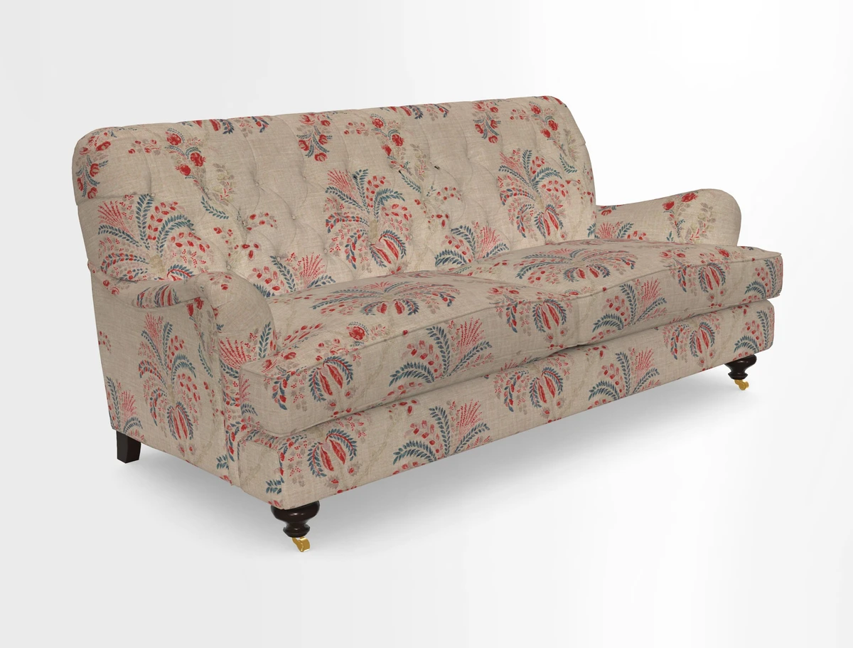 Chiddingfold 3 Seater Sofa in Omega Velvet Tawny Velvet and V&A Threads of India Regal Arabesque Flame with scatters in Sulawesi Splendour Jasper