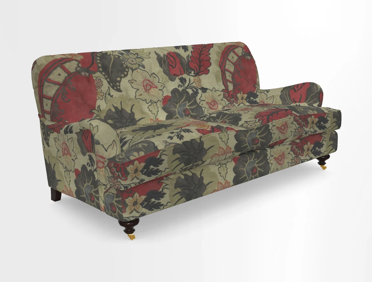 Chiddingfold 3 Seater Sofa in Omega Velvet Tawny Velvet and V&A Threads of India Regal Arabesque Flame with scatters in Sulawesi Splendour Jasper