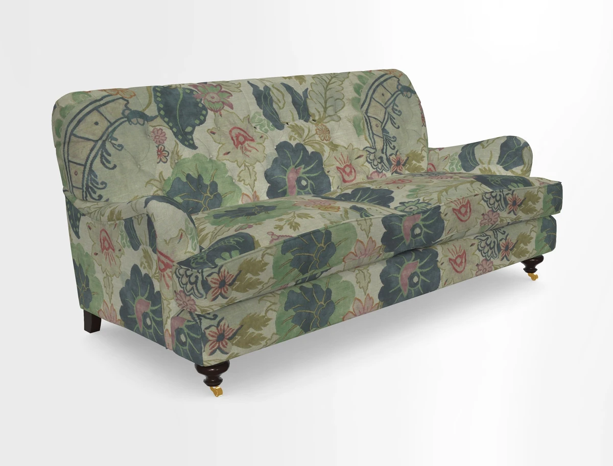 Chiddingfold 3 Seater Sofa in Omega Velvet Tawny Velvet and V&A Threads of India Regal Arabesque Flame with scatters in Sulawesi Splendour Jasper