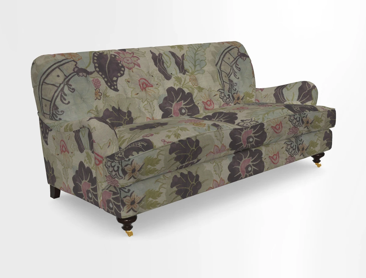 Chiddingfold 3 Seater Sofa in Omega Velvet Tawny Velvet and V&A Threads of India Regal Arabesque Flame with scatters in Sulawesi Splendour Jasper