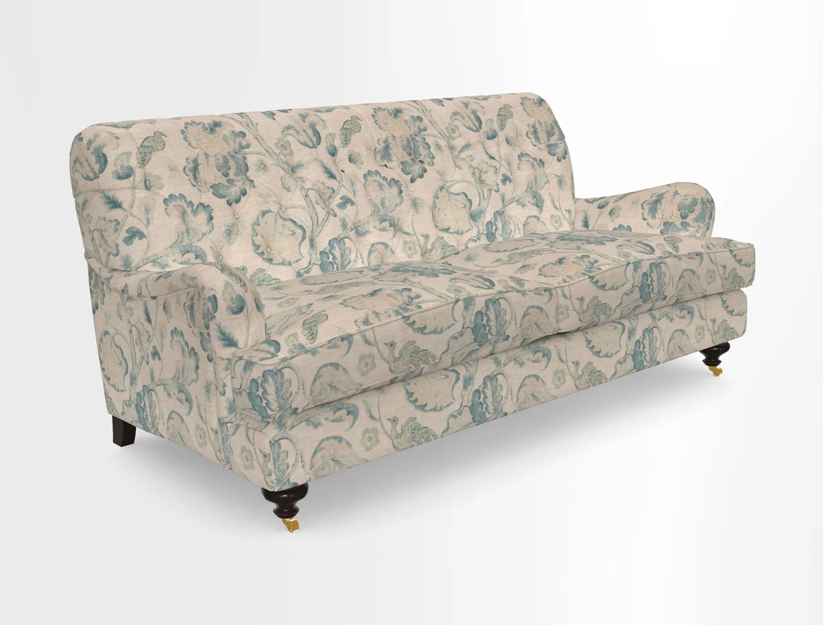 Chiddingfold 3 Seater Sofa in Omega Velvet Tawny Velvet and V&A Threads of India Regal Arabesque Flame with scatters in Sulawesi Splendour Jasper