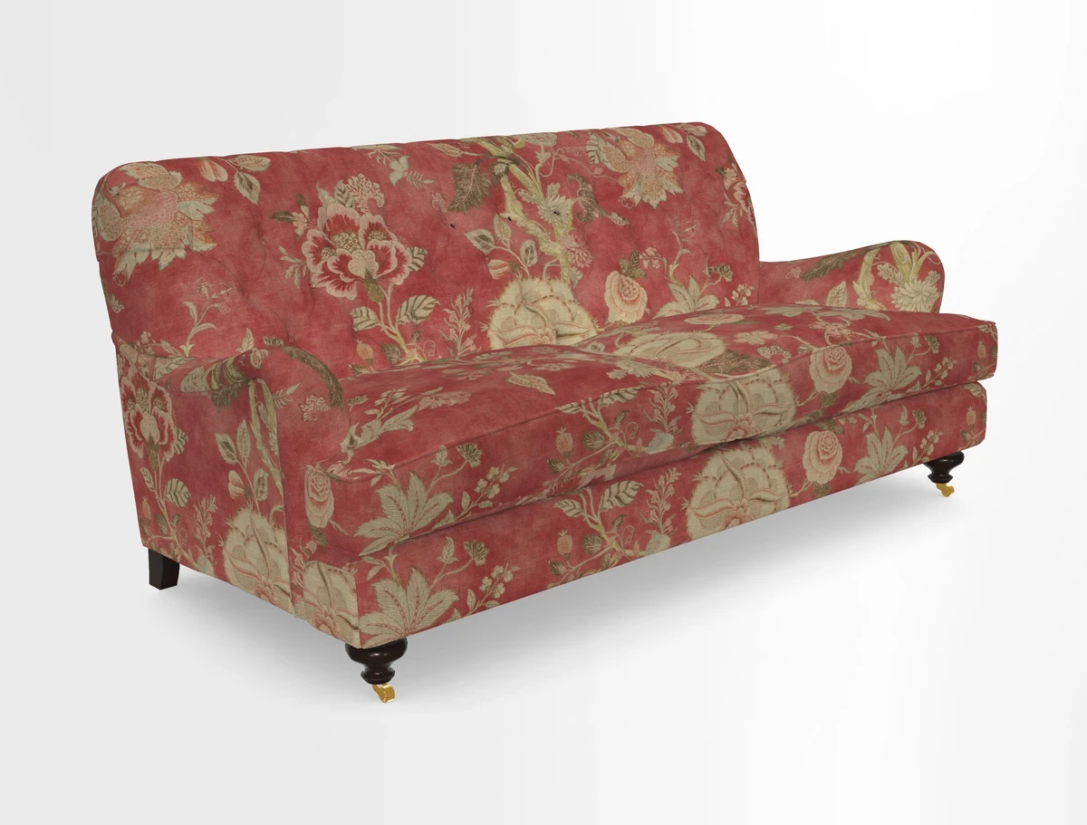 Chiddingfold 3 Seater Sofa in Omega Velvet Tawny Velvet and V&A Threads of India Regal Arabesque Flame with scatters in Sulawesi Splendour Jasper