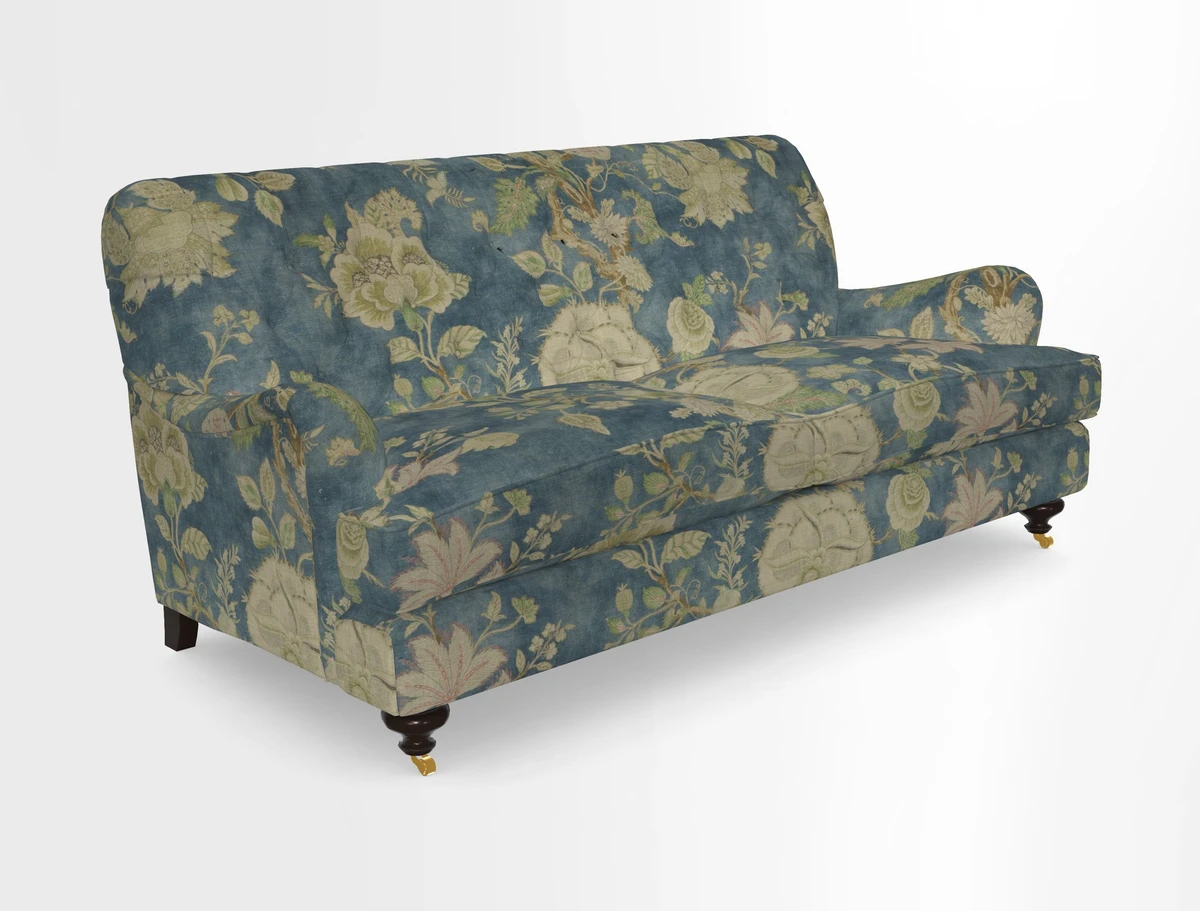 Chiddingfold 3 Seater Sofa in Omega Velvet Tawny Velvet and V&A Threads of India Regal Arabesque Flame with scatters in Sulawesi Splendour Jasper