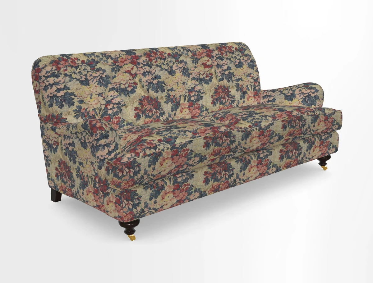 Chiddingfold 3 Seater Sofa in Omega Velvet Tawny Velvet and V&A Threads of India Regal Arabesque Flame with scatters in Sulawesi Splendour Jasper
