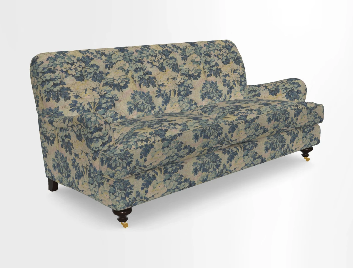 Chiddingfold 3 Seater Sofa in Omega Velvet Tawny Velvet and V&A Threads of India Regal Arabesque Flame with scatters in Sulawesi Splendour Jasper