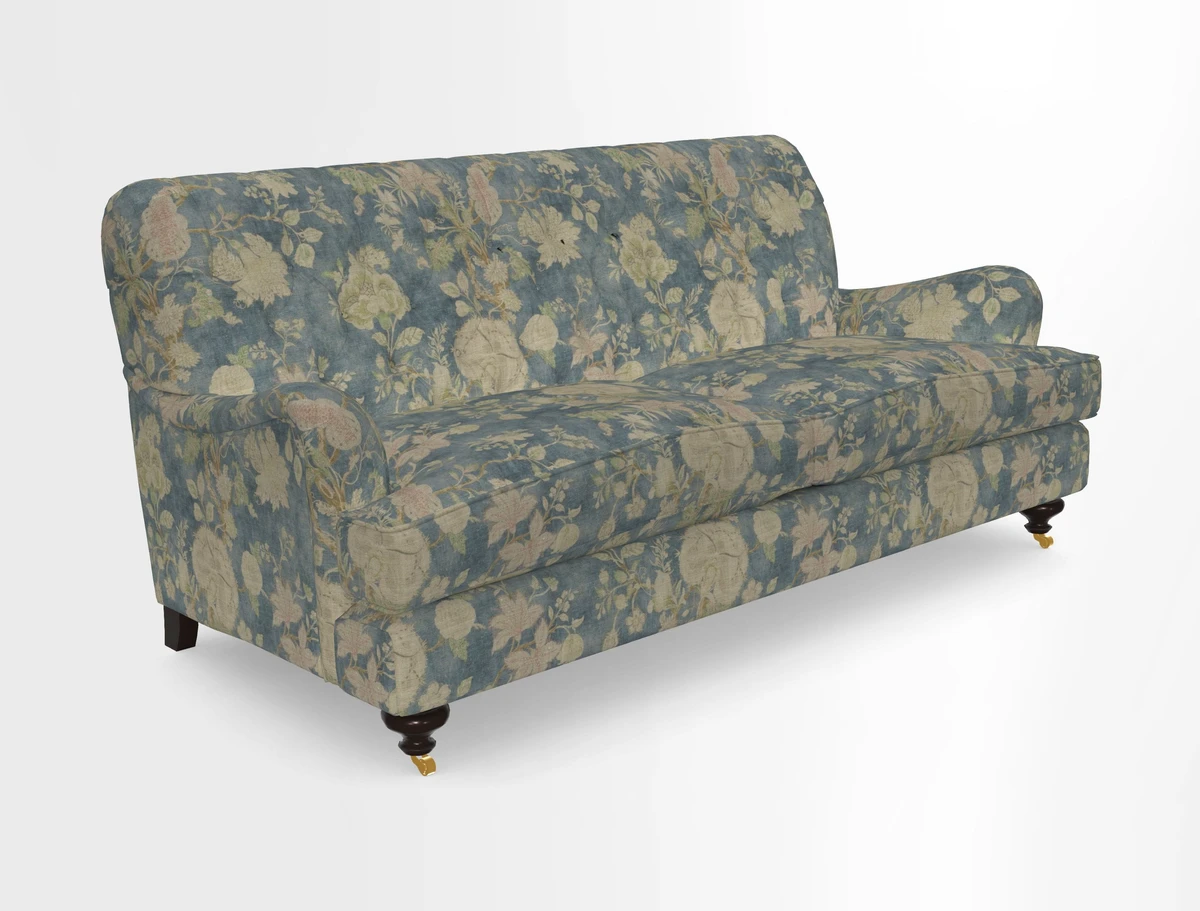Chiddingfold 3 Seater Sofa in Omega Velvet Tawny Velvet and V&A Threads of India Regal Arabesque Flame with scatters in Sulawesi Splendour Jasper