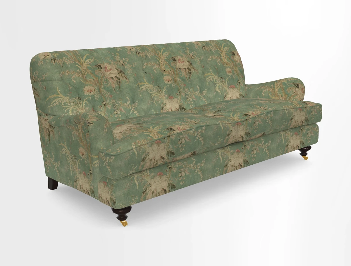 Chiddingfold 3 Seater Sofa in Omega Velvet Tawny Velvet and V&A Threads of India Regal Arabesque Flame with scatters in Sulawesi Splendour Jasper