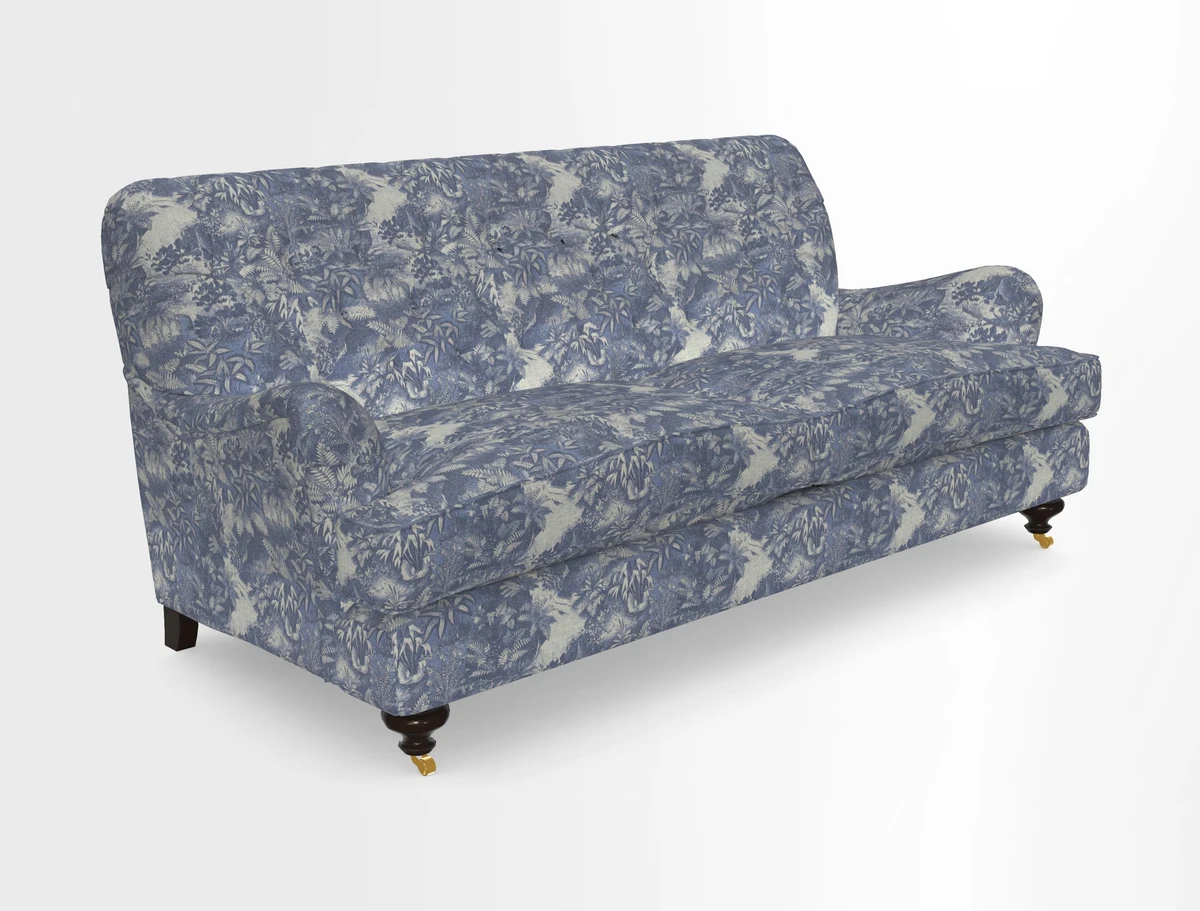 Chiddingfold 3 Seater Sofa in Omega Velvet Tawny Velvet and V&A Threads of India Regal Arabesque Flame with scatters in Sulawesi Splendour Jasper