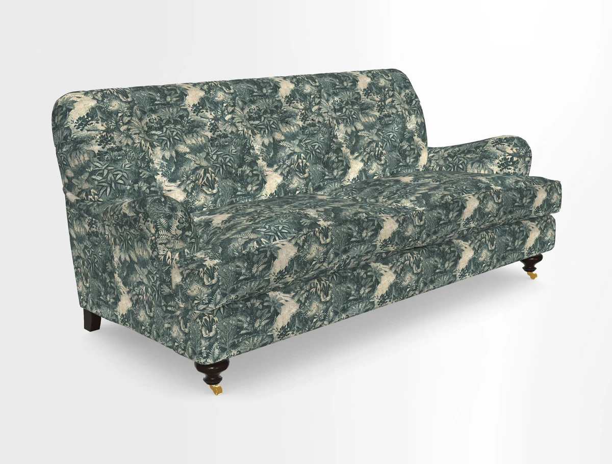 Chiddingfold 3 Seater Sofa in Omega Velvet Tawny Velvet and V&A Threads of India Regal Arabesque Flame with scatters in Sulawesi Splendour Jasper