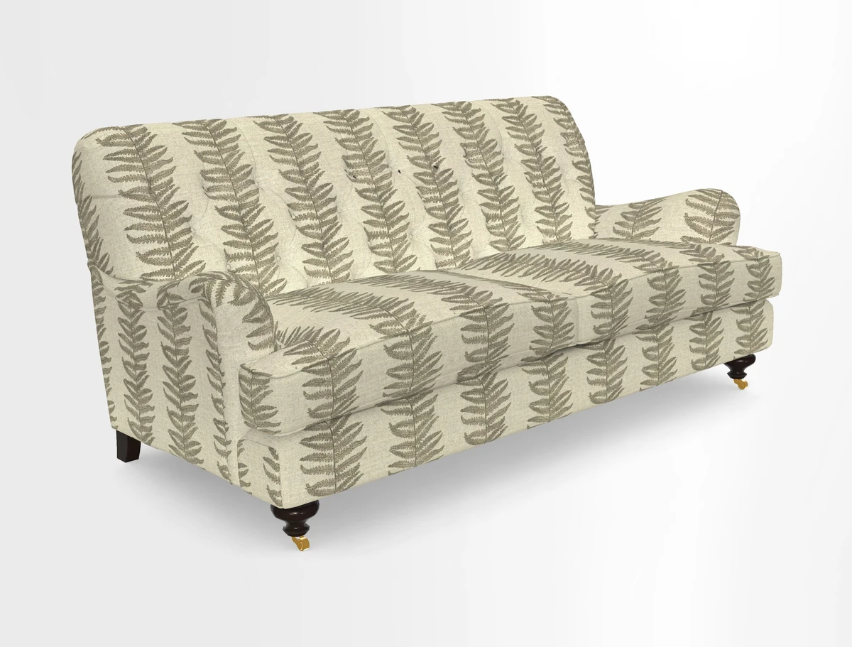 Chiddingfold 3 Seater Sofa in Omega Velvet Tawny Velvet and V&A Threads of India Regal Arabesque Flame with scatters in Sulawesi Splendour Jasper