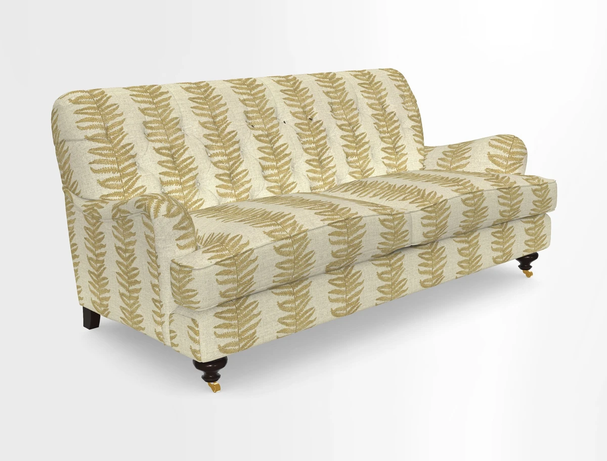 Chiddingfold 3 Seater Sofa in Omega Velvet Tawny Velvet and V&A Threads of India Regal Arabesque Flame with scatters in Sulawesi Splendour Jasper
