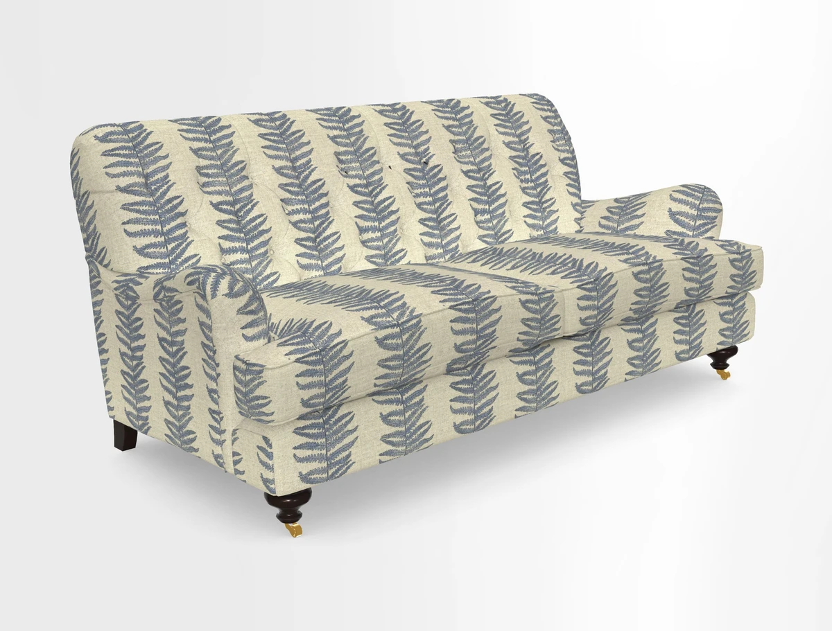 Chiddingfold 3 Seater Sofa in Omega Velvet Tawny Velvet and V&A Threads of India Regal Arabesque Flame with scatters in Sulawesi Splendour Jasper
