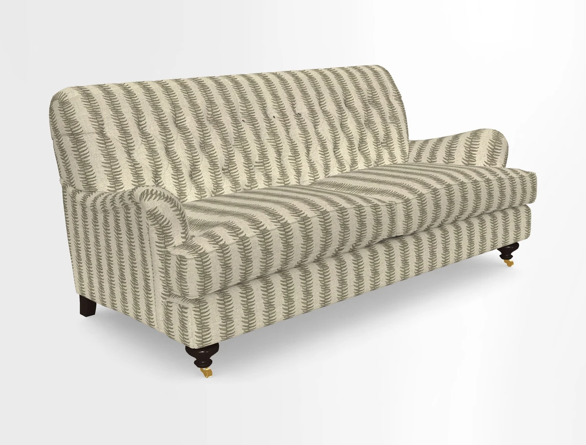 Chiddingfold 3 Seater Sofa in Omega Velvet Tawny Velvet and V&A Threads of India Regal Arabesque Flame with scatters in Sulawesi Splendour Jasper