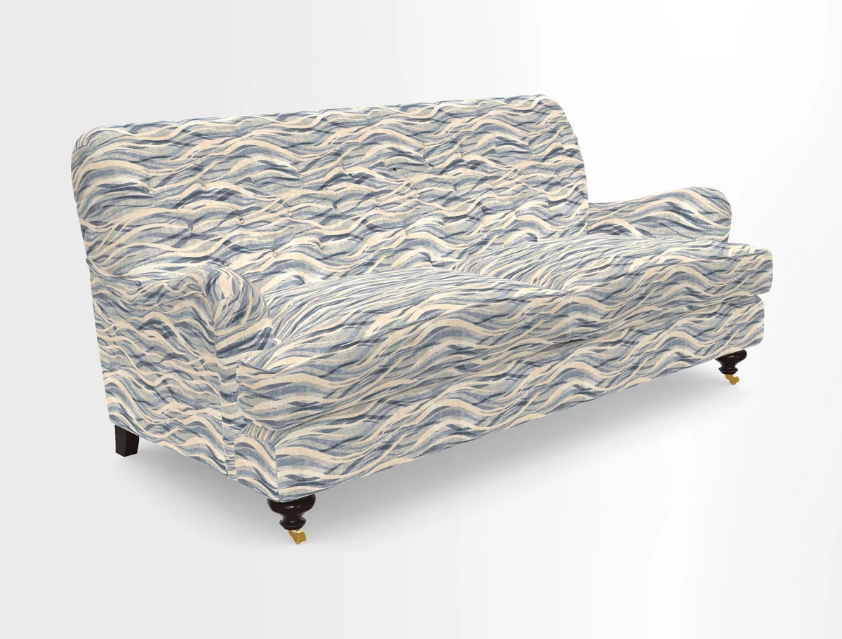 Chiddingfold 3 Seater Sofa in Omega Velvet Tawny Velvet and V&A Threads of India Regal Arabesque Flame with scatters in Sulawesi Splendour Jasper