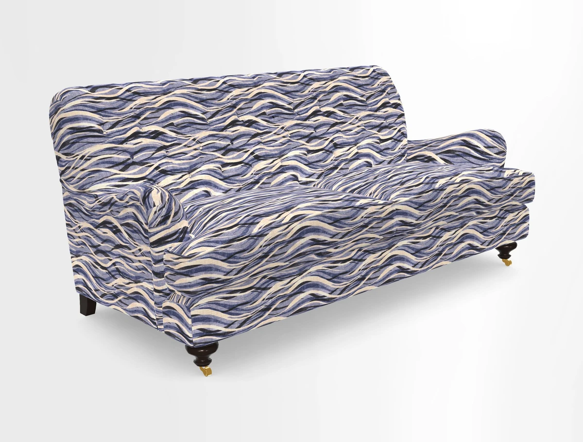Chiddingfold 3 Seater Sofa in Omega Velvet Tawny Velvet and V&A Threads of India Regal Arabesque Flame with scatters in Sulawesi Splendour Jasper