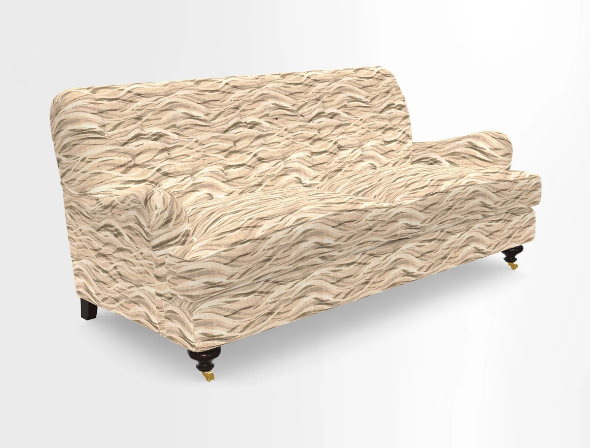 Chiddingfold 3 Seater Sofa in Omega Velvet Tawny Velvet and V&A Threads of India Regal Arabesque Flame with scatters in Sulawesi Splendour Jasper