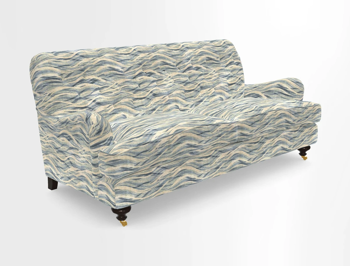 Chiddingfold 3 Seater Sofa in Omega Velvet Tawny Velvet and V&A Threads of India Regal Arabesque Flame with scatters in Sulawesi Splendour Jasper