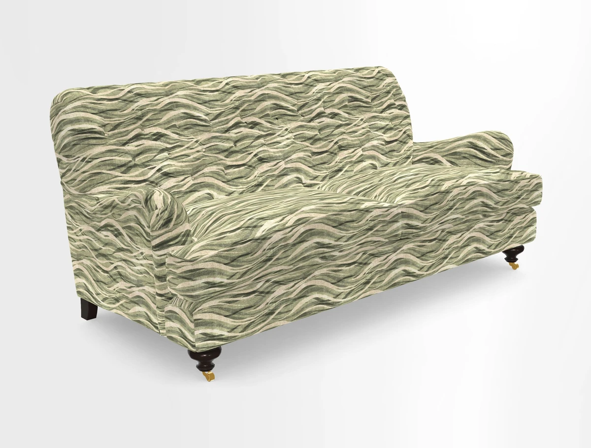 Chiddingfold 3 Seater Sofa in Omega Velvet Tawny Velvet and V&A Threads of India Regal Arabesque Flame with scatters in Sulawesi Splendour Jasper