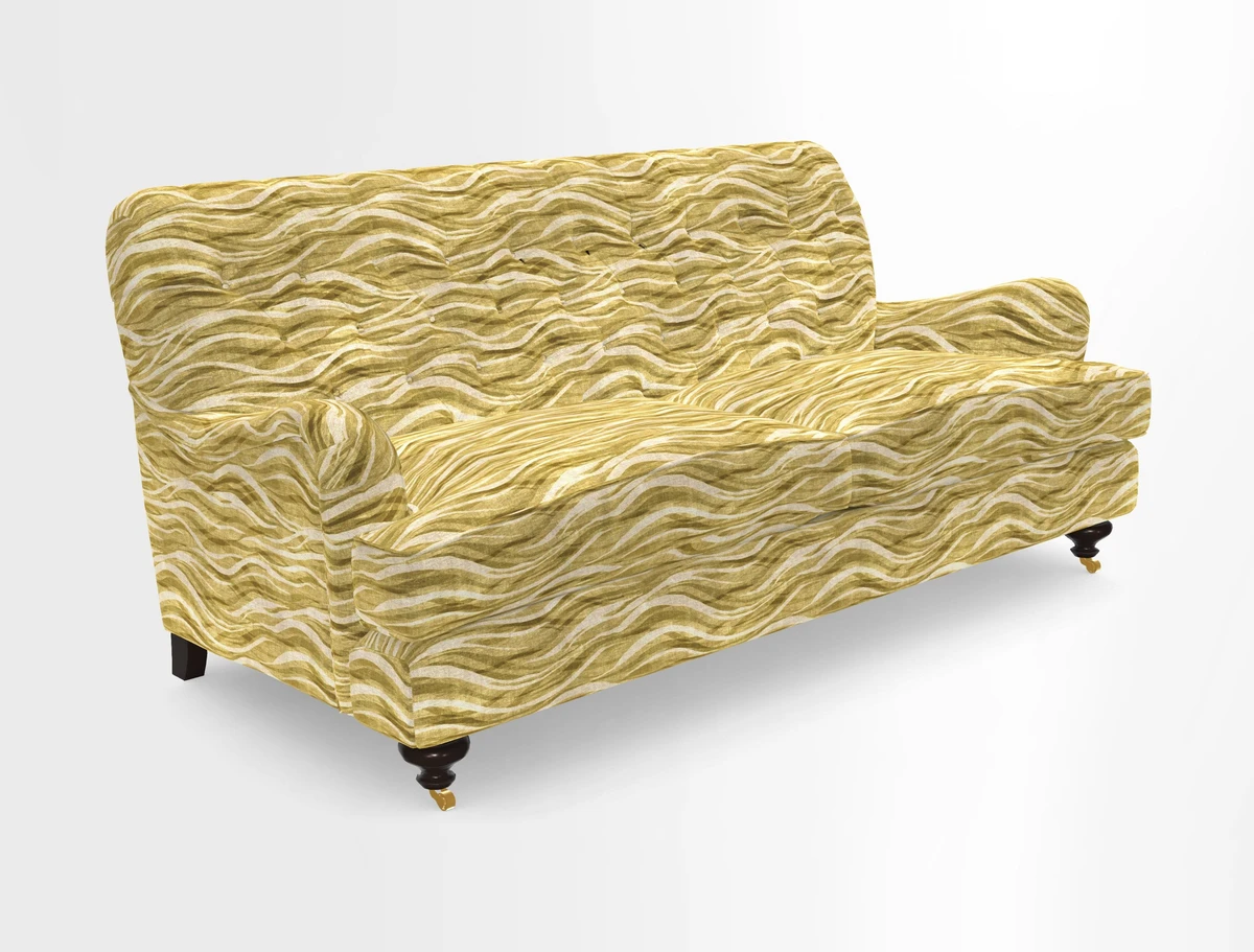 Chiddingfold 3 Seater Sofa in Omega Velvet Tawny Velvet and V&A Threads of India Regal Arabesque Flame with scatters in Sulawesi Splendour Jasper