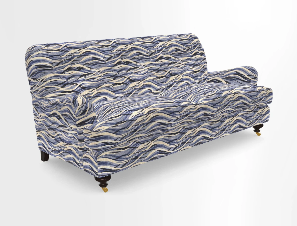 Chiddingfold 3 Seater Sofa in Omega Velvet Tawny Velvet and V&A Threads of India Regal Arabesque Flame with scatters in Sulawesi Splendour Jasper