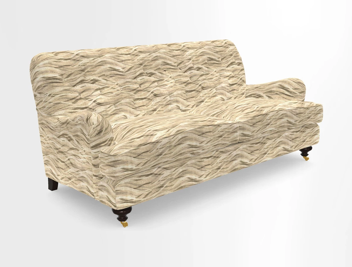 Chiddingfold 3 Seater Sofa in Omega Velvet Tawny Velvet and V&A Threads of India Regal Arabesque Flame with scatters in Sulawesi Splendour Jasper