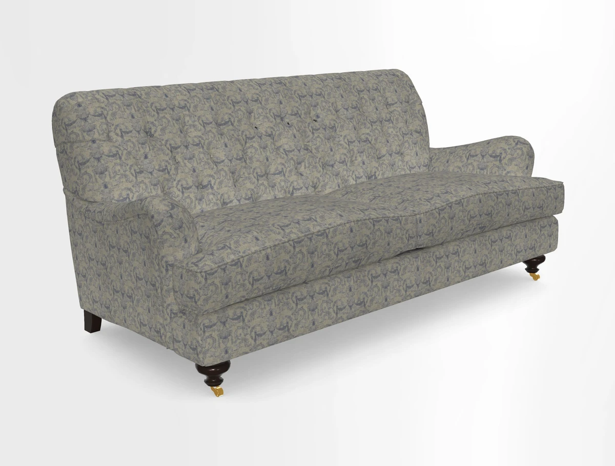 Chiddingfold 3 Seater Sofa in Omega Velvet Tawny Velvet and V&A Threads of India Regal Arabesque Flame with scatters in Sulawesi Splendour Jasper