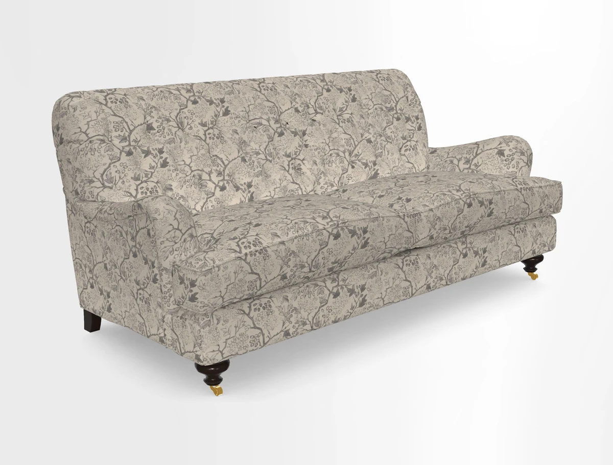 Chiddingfold 3 Seater Sofa in Omega Velvet Tawny Velvet and V&A Threads of India Regal Arabesque Flame with scatters in Sulawesi Splendour Jasper