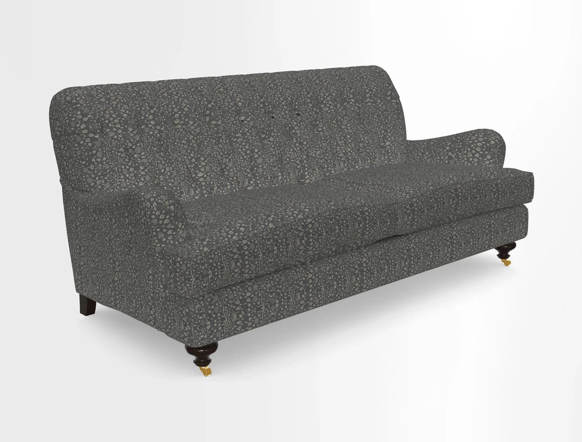 Chiddingfold 3 Seater Sofa in Omega Velvet Tawny Velvet and V&A Threads of India Regal Arabesque Flame with scatters in Sulawesi Splendour Jasper