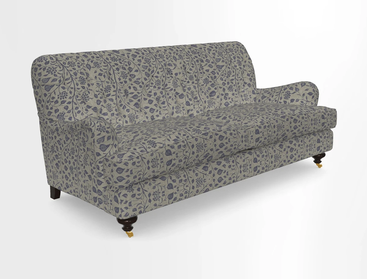 Chiddingfold 3 Seater Sofa in Omega Velvet Tawny Velvet and V&A Threads of India Regal Arabesque Flame with scatters in Sulawesi Splendour Jasper