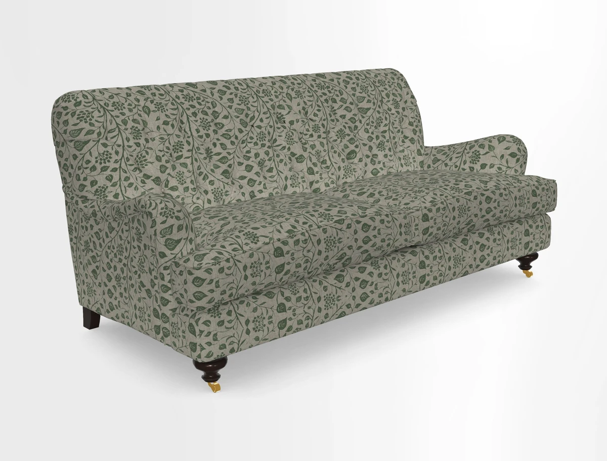 Chiddingfold 3 Seater Sofa in Omega Velvet Tawny Velvet and V&A Threads of India Regal Arabesque Flame with scatters in Sulawesi Splendour Jasper